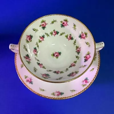 Mintons Roses All Over Double Handle Cream Of Soup Bowl And Saucer Gold Trim • $45