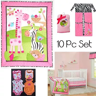 WILD LIFE Jungle Zebra Pink 10pc ~ Crib Set_Blanket_Diaper Stkr_Valance_Outfits • $64.95