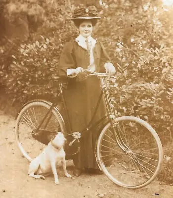 Edwardian Photo Postcard Pretty Woman Fashion Bicycle Bike Dog Posted 1908 • £12.99