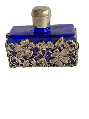 Vintage Czech Perfume Bottle Cobalt Blue Glass With Ornate Silver Tone Filigree • $17