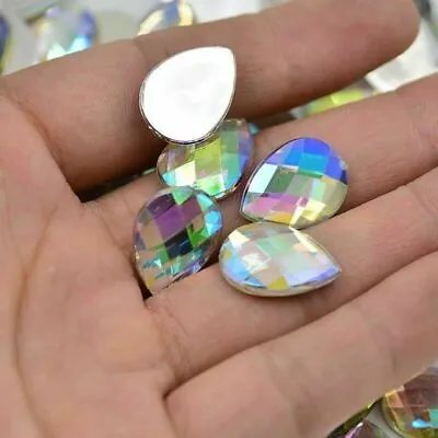 £5.99 • Buy 50x Flat Back Rhinestone Teardrop Large AB Bead Diamante Gem Crystal Iridescent 
