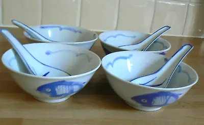 £7.99 • Buy 4 Vintage Chinese Ceramic  Koi Carp Fish Blue & White Rice Bowls + 4 Spoons