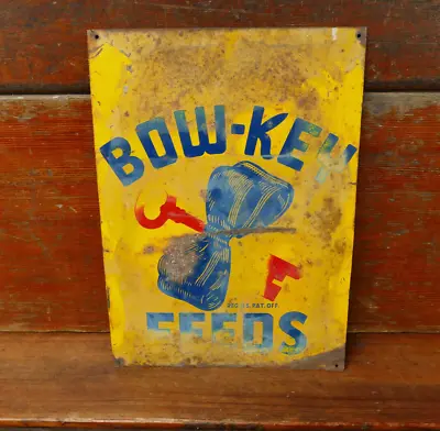 Vintage Original BOW-KEY Feeds Metal Advertising Sign - Farm Seed Pig Cow Sign • $129.95