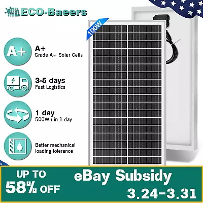 ECO-Baeerss 100w Watt 12v Monocrystalline Solar Panel RV Camping Home Off Grid • $45.99