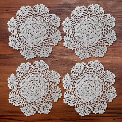 4Pcs White Vintage Hand Crochet Cotton Lace Doilies Round Table Mats Flower 20cm • £5.39