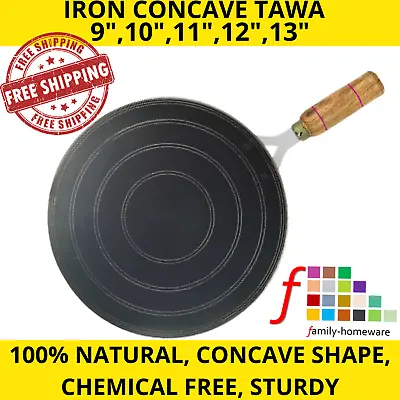 Iron Tawa Concave Roti Tava Chapati Crepe Pancake Pan Heavy Duty Wooden Handle  • £13.49
