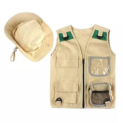 Kids Khaki Cargo Vest And Hat With 4 Pockets Explorer Safari Costume For • £11.34