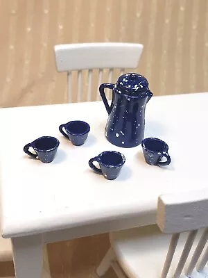 Vintage Concord Miniatures Blue & White Spatterware Enamel Coffee Pot  & 4 Cups • $2.49