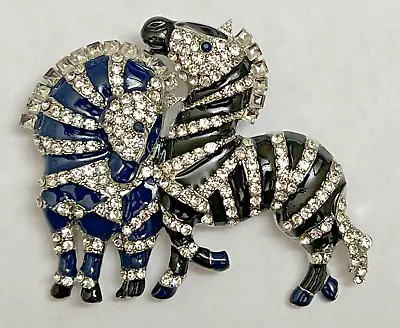 Horse Zebra Crystal ALL Glass Rhinestone Brooch Pin Vintage Black Blue Enamel • $14.99
