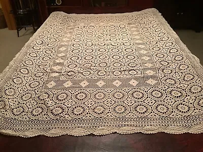 $24.99 • Buy Vintage Hand Crocheted Ecru Tablecloth 77  X 56 
