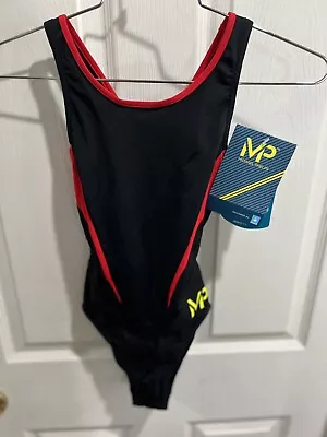 NWT MICHAEL PHELPS MP Women's Swimsuit Black Red Comp Back Splice US Size 26 • £19.27