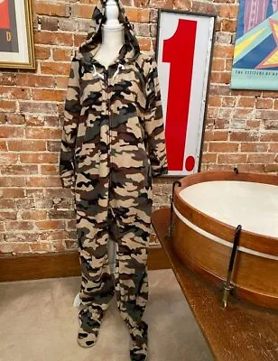 $34.95 • Buy Forever Lazy Comatose Camo One-Piece Fleece Footed Adult Pajamas Pockets New