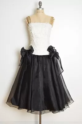 Vintage 80s Prom Dress Black Organza White Lace Strapless Party Puffy Gown M • $74