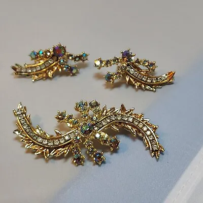 Vintage 50's HARGO Pin/Brooch Earrings Rhinestone & Aurora Borealis Signed  HAR  • $125