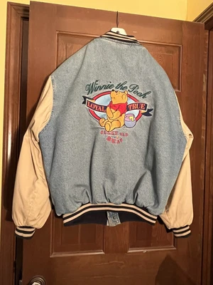 $99 • Buy VTG 90’s DISNEY Winnie The Pooh Loyal True Denim Bomber Varsity Jacket XL