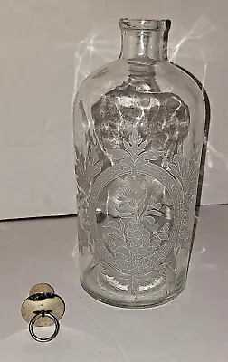 Etched Glass Apothecary Bottle With Cork Metal & Stopper - Portugal - Vintage 8  • $20