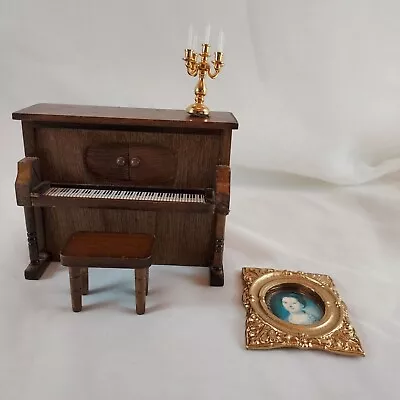 Vtg Dollhouse Miniature Wood Piano & Stool W Music Box Candelabra Picture 1:12 • $17.99