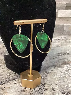 Green Guitar Pick With Gold Hoop Earrings • $10