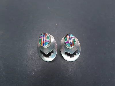 Sterling Silver & Multistone Inlay Earrings Signed W 2.9g • $5.50