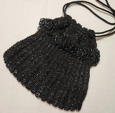 Vintage  Black Glass Bead Drawstring Purse Very Clean Looks Unused • $29