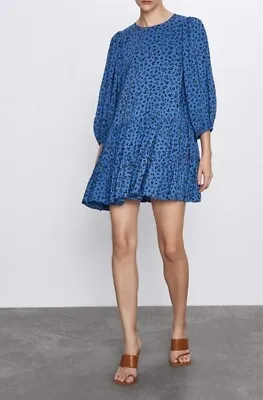 Zara Womens Dress Small Blue Black Leopard Print Helena Mini Smocked Baby Doll • $16