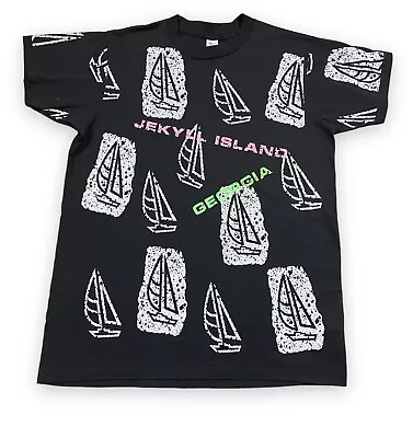 Vtg 90s Jekyll Island All Over Print Sail Boat T Shirt Black Single Stitch OSFA • $22.50