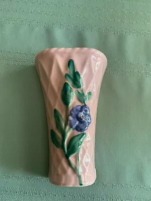Vintage Italian Style Art Pottery Wall Pocket Vase Lattice Design Blue Flower • $6.95