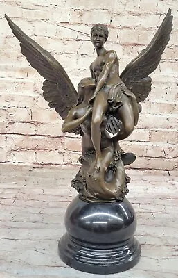 Nude Mermaid With Angel Bronze Masterpiece Sculpture Marble Base • $299.50