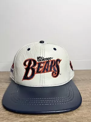 VTG CHICAGO BEARS HAT CAP 100% LEATHER USA MADE WHITE SNAPBACK 90s NFL • $20