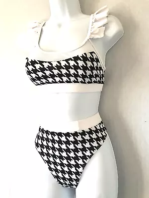 Ladies Black & White SHEIN Cropped Bikini Set Size 10 (S) - Frill Padded Adjust • £7.75