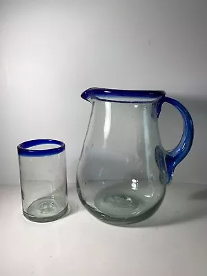 Hand Blown Mexican Glass Pitcher With Indigo Trim & Matching Glass • $30