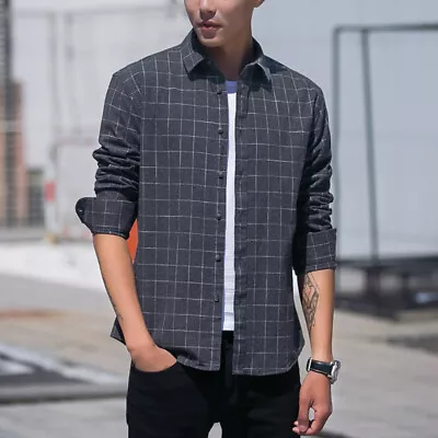 Men Plaid Long Sleeve Shirt Button Down Top Check Blouse Business Office Casual • £30.83