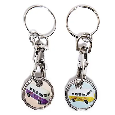 2 X CAMPER VAN ONE POUND COIN TOKEN KEYRING GB SHOPPING TROLLEY KEYRING • £2.89