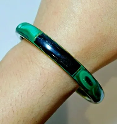 Vintage Banded Black Green Malachite Inlay Round Brass Bangle Bracelet 12m 19 • $35.09