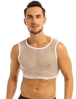 Men's Muscle T-shirt Y Back Vest Tank Top Gym Crop Tops Clubwear Fishnet Costume • £4.55