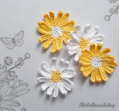 Handmade 4 Daisies Crocheted White&Yellow Applique Scrapbooking Craft Flowers • £13