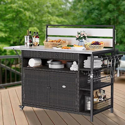 YITAHOME Outdoor Kitchen Island Rolling Cart&Storage Cabinet Wicker Bar Cart XL • $321.09