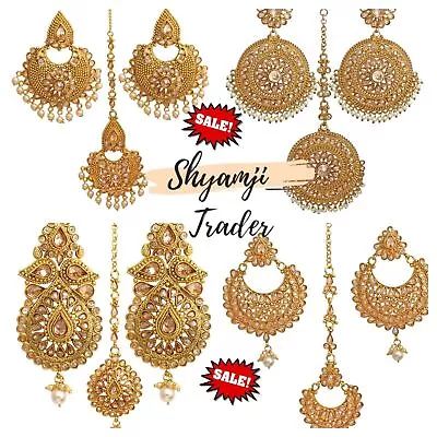 Indian Ethnic Gold Tone Crystal Stone Forehead Tikka & Earrings Gift Jewelry Set • $41.22