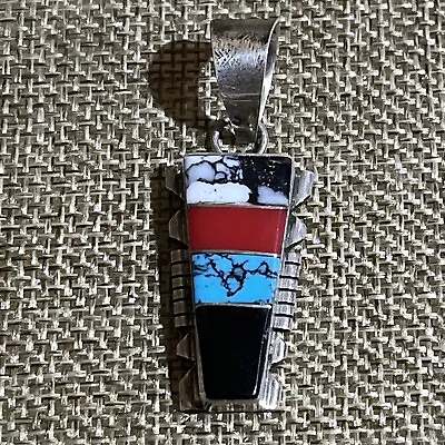 Signed BE Brandon Etcity Navajo Sterling Silver 925 Multi Inlay Pendant 1.95” • £66.50