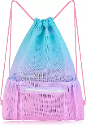 Mesh Drawstring Bag With Zipper Pocket Beach Bag For Swimming Gear Backpack Gym • $16.88
