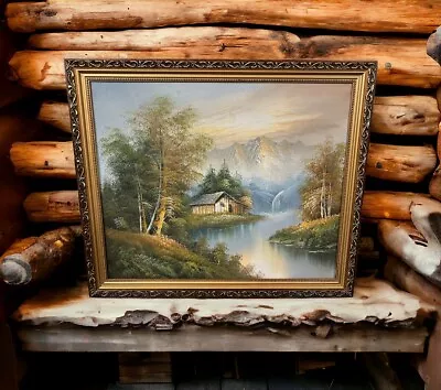 Vintage Cabin Framed Original Canvas Oil Painting River Nature Trees 26” X 22” • $85