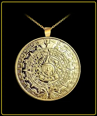 GeetarGizmos MAYAN CALENDAR Coin Necklace - 1 3/4  Gold Medallion Pendant Aztec • $9.99
