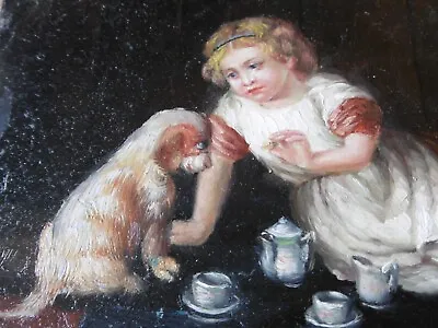 Oil On Board Painting Unsigned Girl With Puppy Dog 7  X 5  Artwork • £37.23