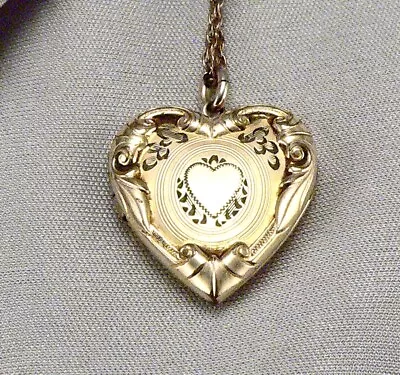 Vintage Gold Filled RGP Fancy Engraved Heart Shaped LOCKET Pendant On Chain • $65