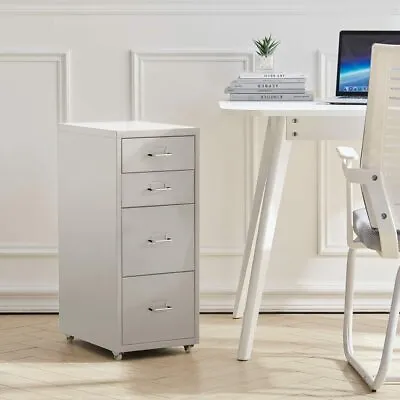 4-Drawer Metal Filing Cabinet Under Desk Office Storage Cupboard With Wheels • £59.95