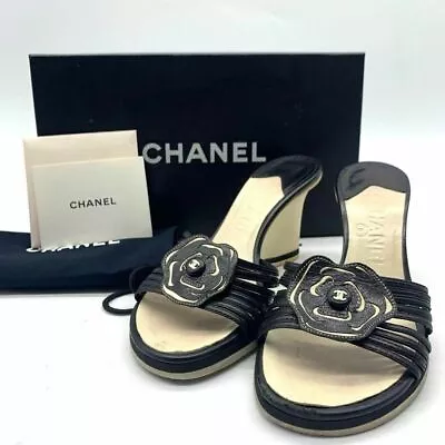 Chanel Camellia Heel Sandals 38 Black White Leather CoCo Mark US Size 8 • $195.24
