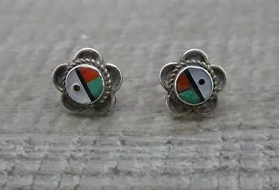 Vintage Native American Sterling Silver Zuni Multi-Gem 1.1cm Stud Earrings • £24.99