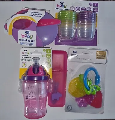 Boots Baby 8 Freezer Potsbaby Flip Up Straw Cup Weaning Set Teether 2 Spoons • £16.95