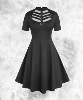 New Black Gothic PU Ladder Straps Collared Short Summer Dress Size 4XL 24 26 28 • $36.98