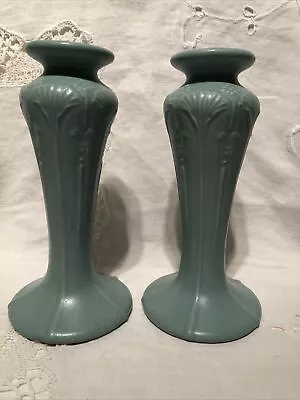 Vintage Arts & Crafts Pottery Ginkgo Leaf Candle Holder Pair Matte Blue/Green 7” • $89